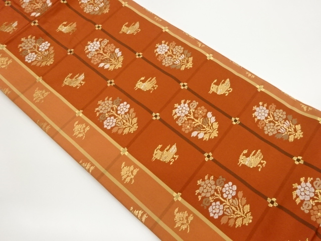 格子に草花・鳥模様織出し名古屋帯